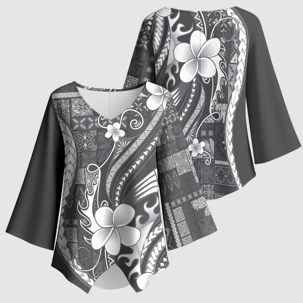 Samoa Siapo Tribal Pattern Kimono Sleeve Blouse Light Gray Polynesian Plumeria Tapa Motif