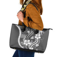 Samoa Siapo Tribal Pattern Leather Tote Bag Light Gray Polynesian Plumeria Tapa Motif
