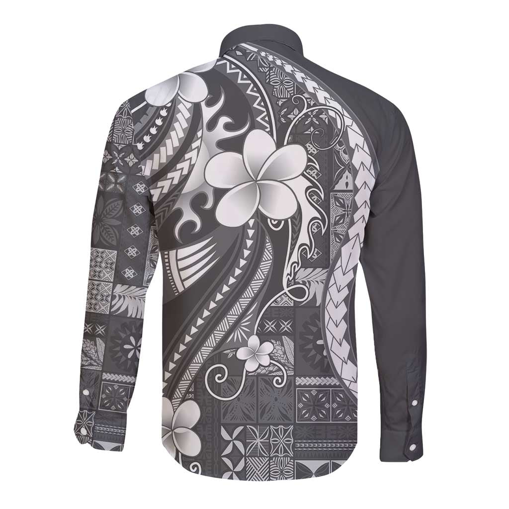 Samoa Siapo Tribal Pattern Long Sleeve Button Shirt Light Gray Polynesian Plumeria Tapa Motif