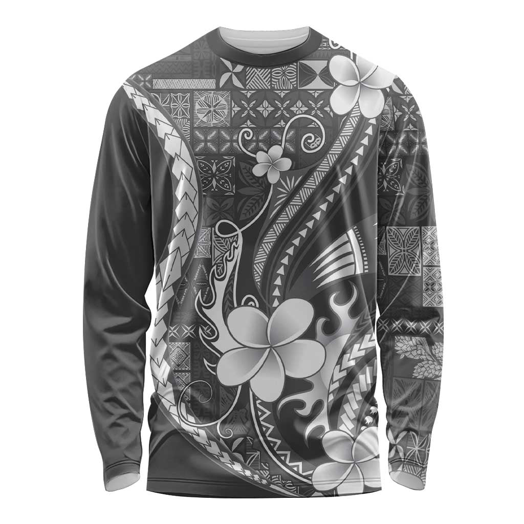 Samoa Siapo Tribal Pattern Long Sleeve Shirt Light Gray Polynesian Plumeria Tapa Motif
