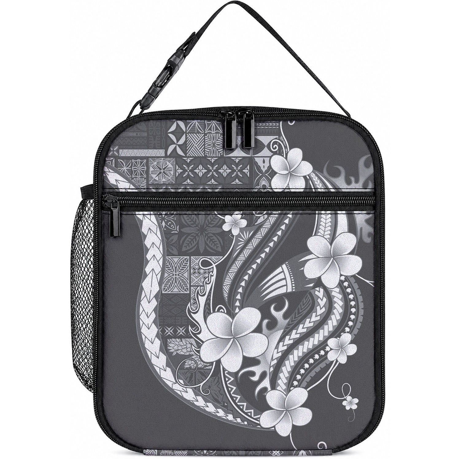 Samoa Siapo Tribal Pattern Lunch Bag Light Gray Polynesian Plumeria Tapa Motif LT9 10.2 × 8.3 × 4.3 inch Blue - Polynesian Pride