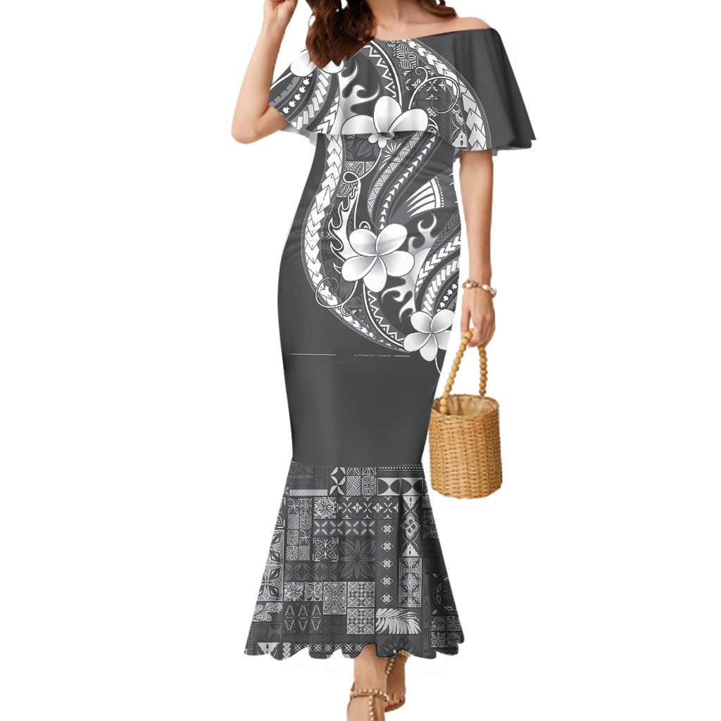 Samoa Siapo Tribal Pattern Mermaid Dress Light Gray Polynesian Plumeria Tapa Motif