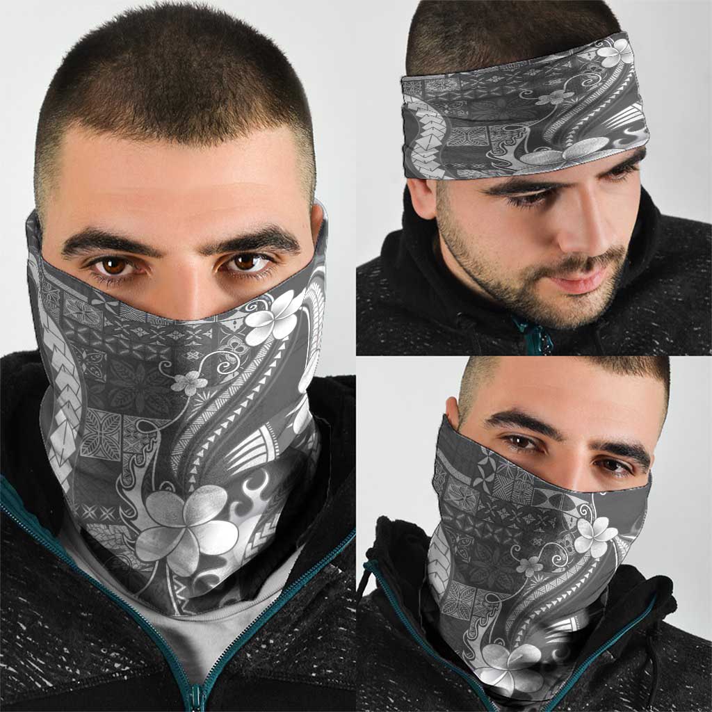 Samoa Siapo Tribal Pattern Neck Gaiter Light Gray Polynesian Plumeria Tapa Motif