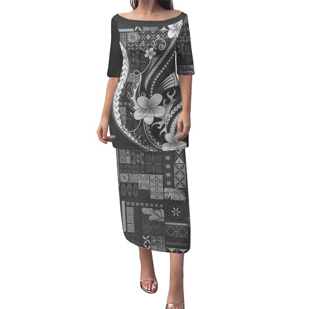 Samoa Siapo Tribal Pattern Puletasi Light Gray Polynesian Plumeria Tapa Motif
