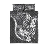 Samoa Siapo Tribal Pattern Quilt Bed Set Light Gray Polynesian Plumeria Tapa Motif