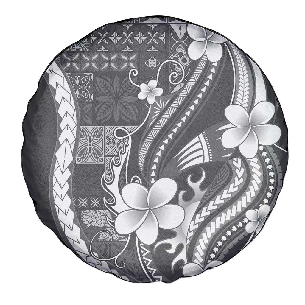Samoa Siapo Tribal Pattern Spare Tire Cover Light Gray Polynesian Plumeria Tapa Motif