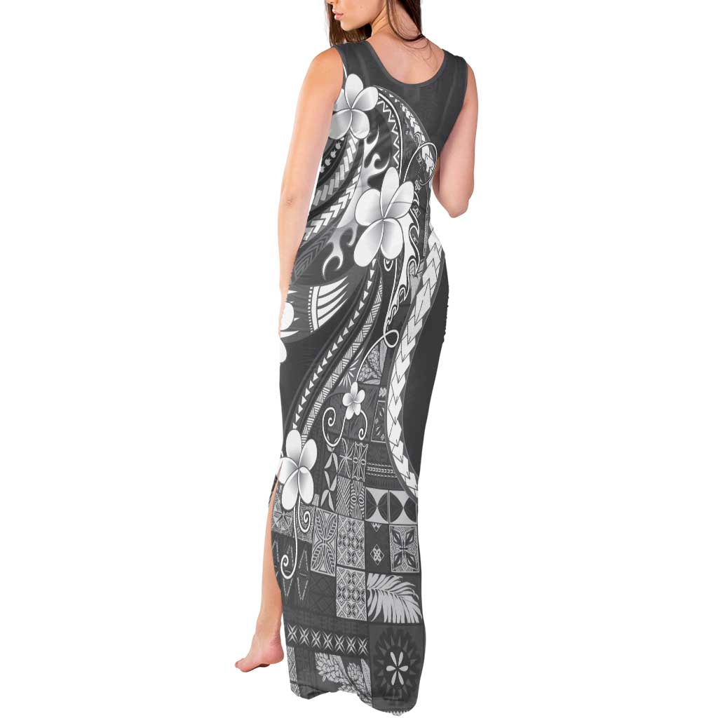 Samoa Siapo Tribal Pattern Tank Maxi Dress Light Gray Polynesian Plumeria Tapa Motif