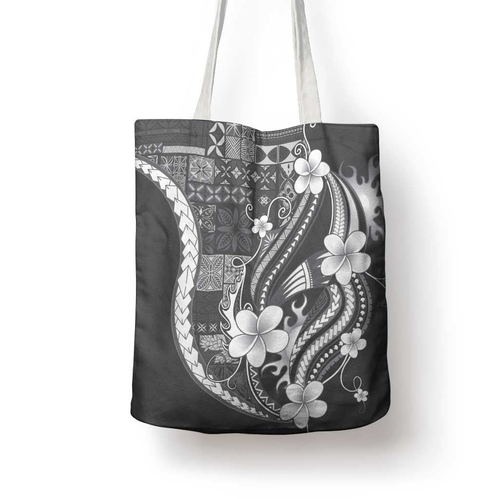 Samoa Siapo Tribal Pattern Tote Bag Light Gray Polynesian Plumeria Tapa Motif