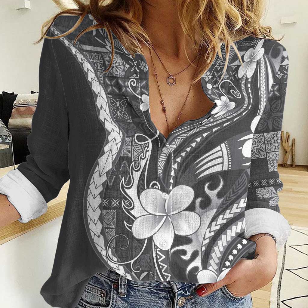 Samoa Siapo Tribal Pattern Women Casual Shirt Light Gray Polynesian Plumeria Tapa Motif