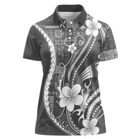 Samoa Siapo Tribal Pattern Women Polo Shirt Light Gray Polynesian Plumeria Tapa Motif