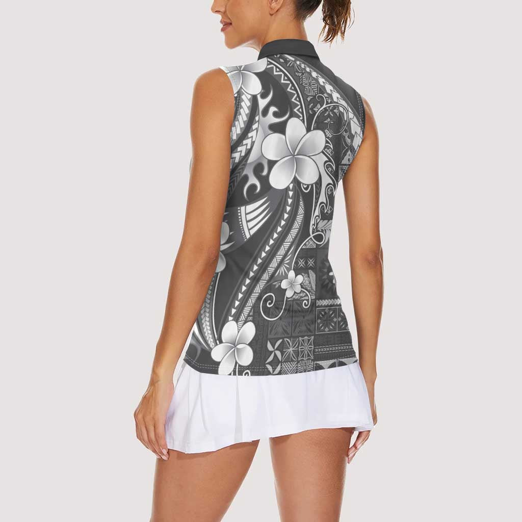Samoa Siapo Tribal Pattern Women Sleeveless Polo Shirt Light Gray Polynesian Plumeria Tapa Motif LT9 - Polynesian Pride