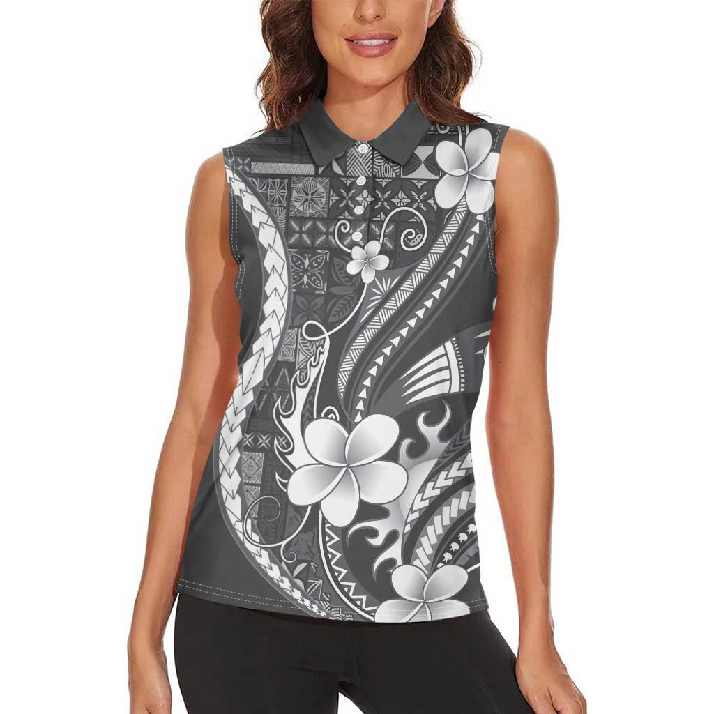 Samoa Siapo Tribal Pattern Women Sleeveless Polo Shirt Light Gray Polynesian Plumeria Tapa Motif LT9 - Polynesian Pride