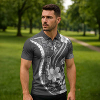 Samoa Siapo Tribal Pattern Zipper Polo Shirt Light Gray Polynesian Plumeria Tapa Motif