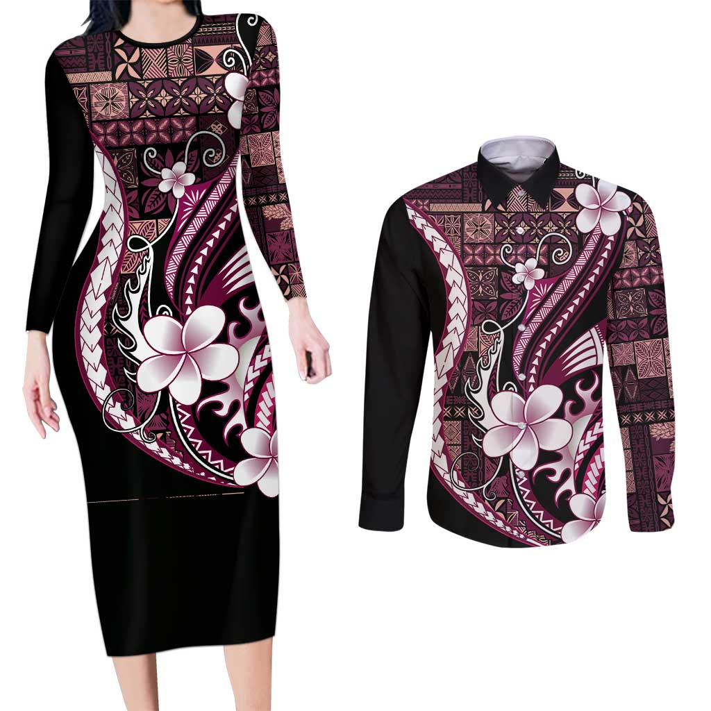 Samoa Siapo Tribal Pattern Couples Matching Long Sleeve Bodycon Dress and Long Sleeve Button Shirt Violet Polynesian Plumeria Tapa Motif LT9 Violet - Polynesian Pride
