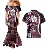 Samoa Siapo Tribal Pattern Couples Matching Mermaid Dress and Hawaiian Shirt Violet Polynesian Plumeria Tapa Motif LT9 - Polynesian Pride