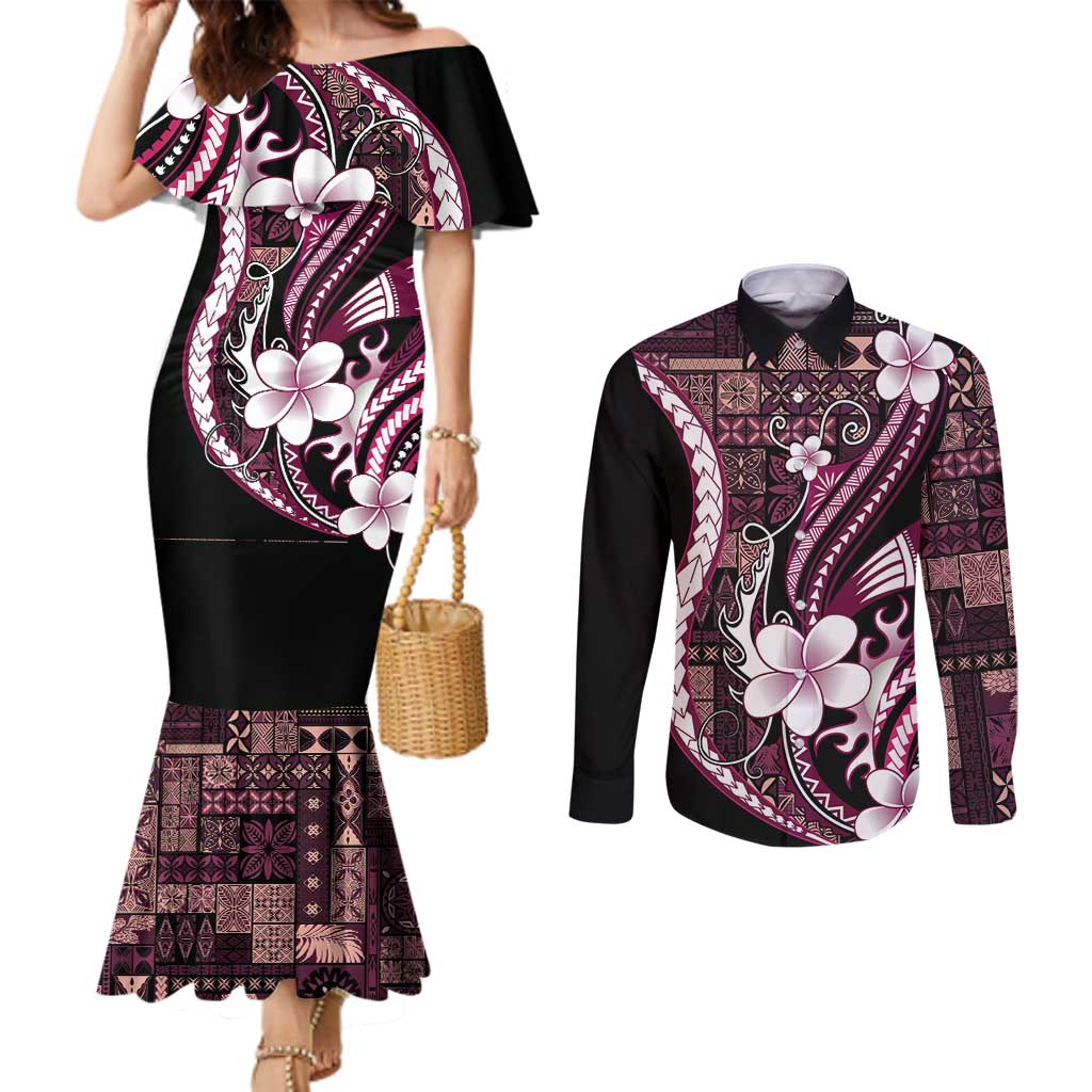 Samoa Siapo Tribal Pattern Couples Matching Mermaid Dress and Long Sleeve Button Shirt Violet Polynesian Plumeria Tapa Motif