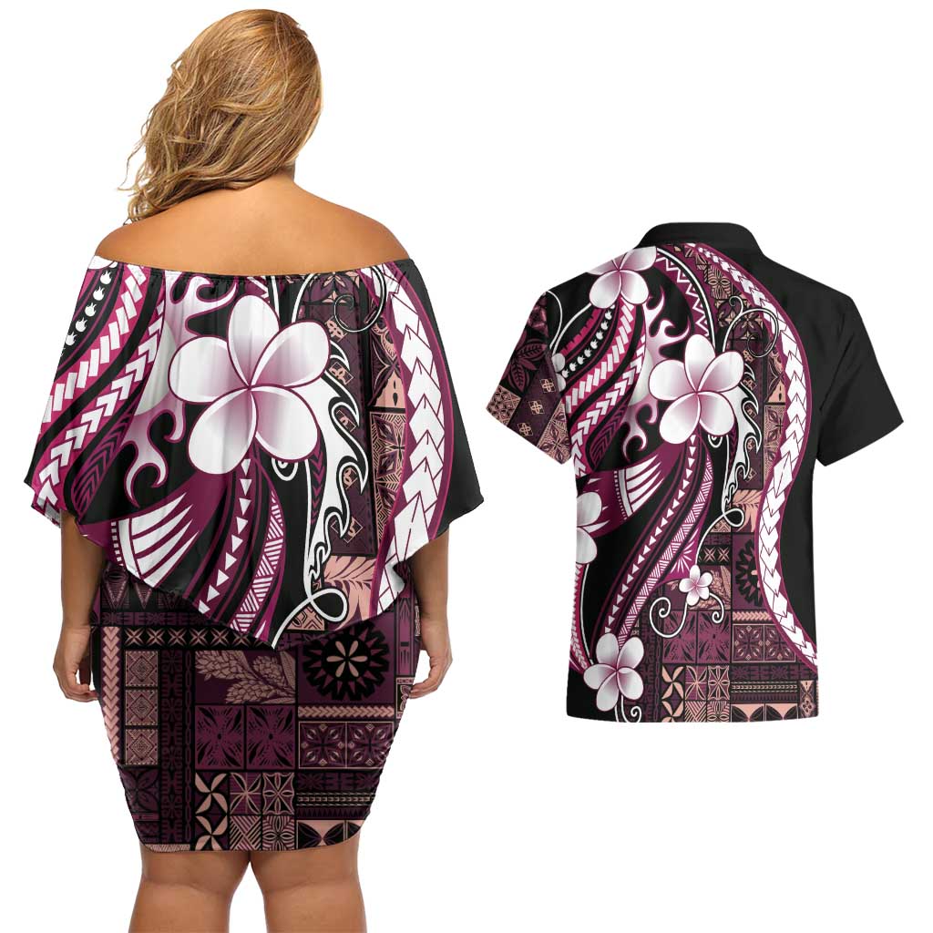 Samoa Siapo Tribal Pattern Couples Matching Off Shoulder Short Dress and Hawaiian Shirt Violet Polynesian Plumeria Tapa Motif LT9 - Polynesian Pride
