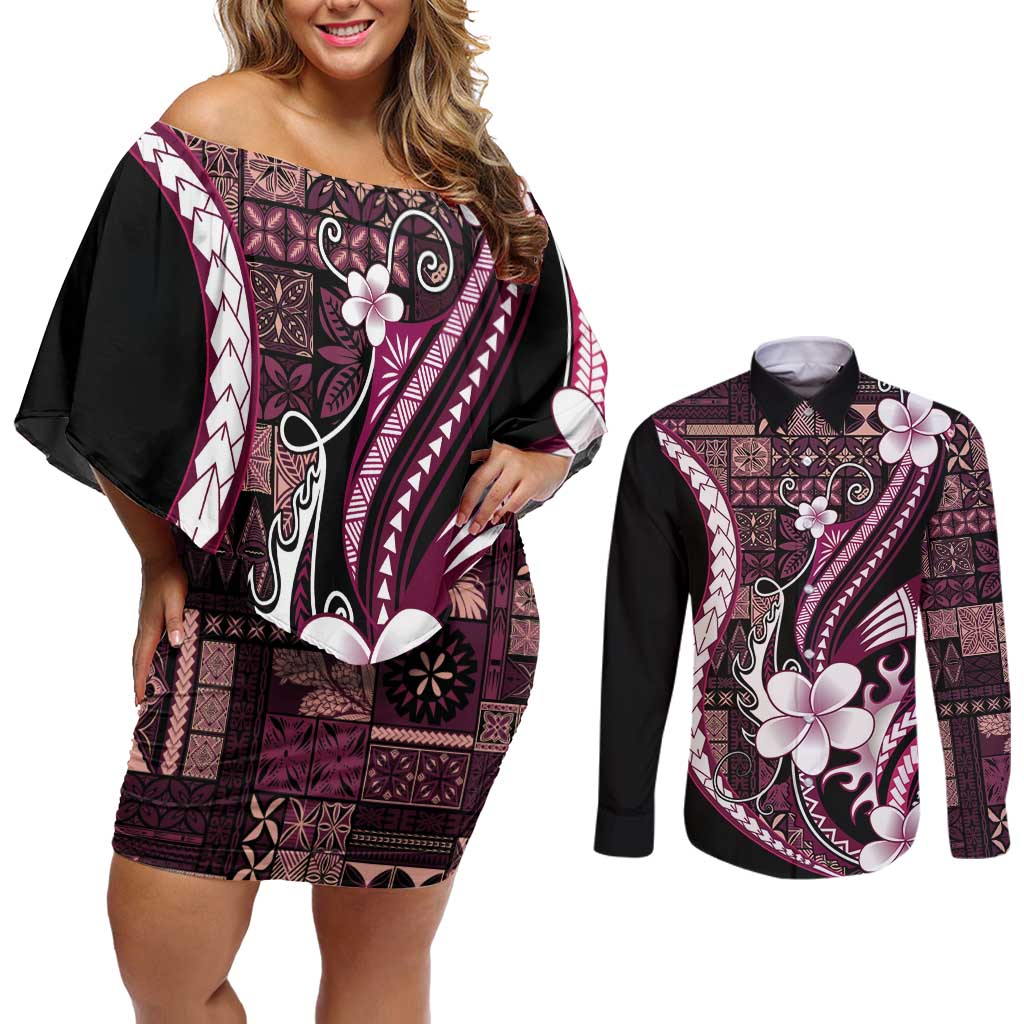 Samoa Siapo Tribal Pattern Couples Matching Off Shoulder Short Dress and Long Sleeve Button Shirt Violet Polynesian Plumeria Tapa Motif LT9 Violet - Polynesian Pride