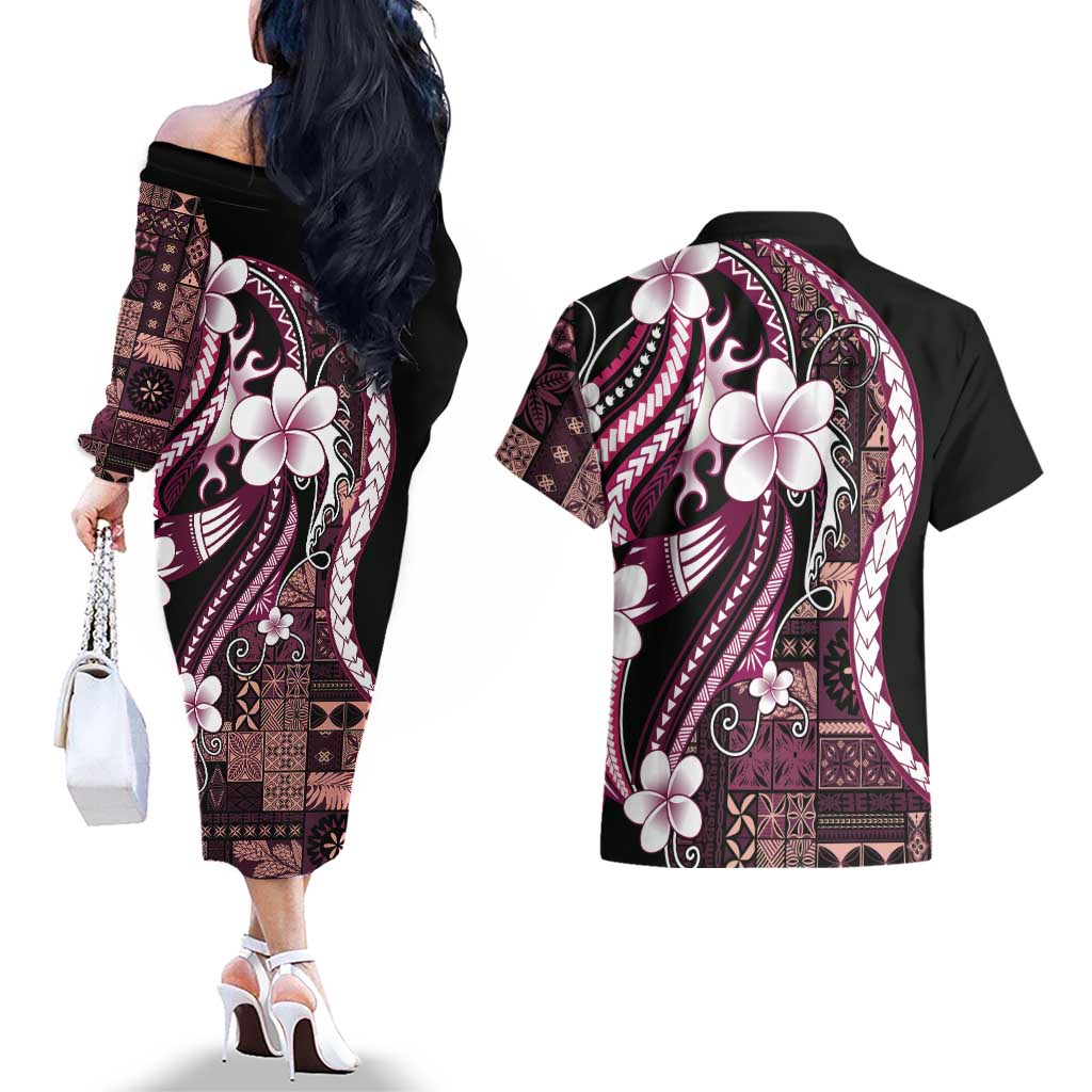 Samoa Siapo Tribal Pattern Couples Matching Off The Shoulder Long Sleeve Dress and Hawaiian Shirt Violet Polynesian Plumeria Tapa Motif LT9 - Polynesian Pride