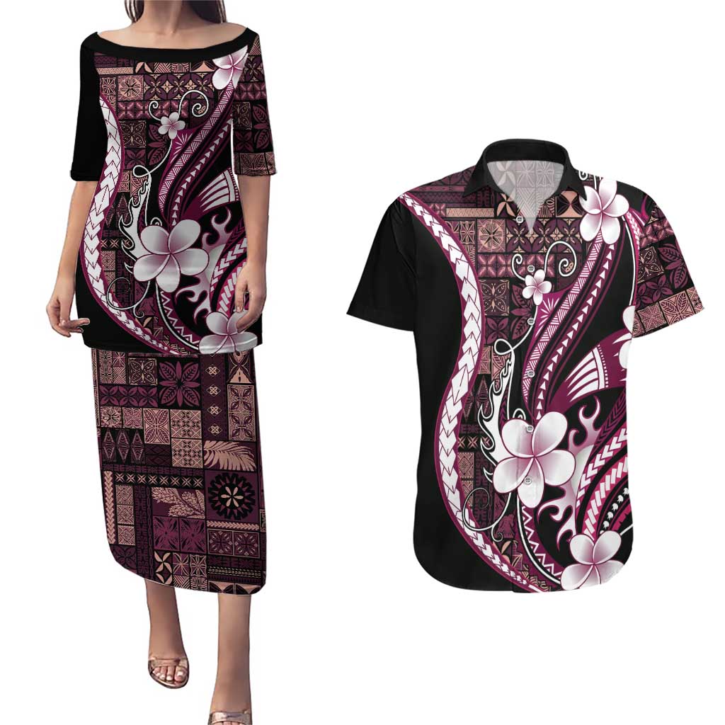 Samoa Siapo Tribal Pattern Couples Matching Puletasi and Hawaiian Shirt Violet Polynesian Plumeria Tapa Motif