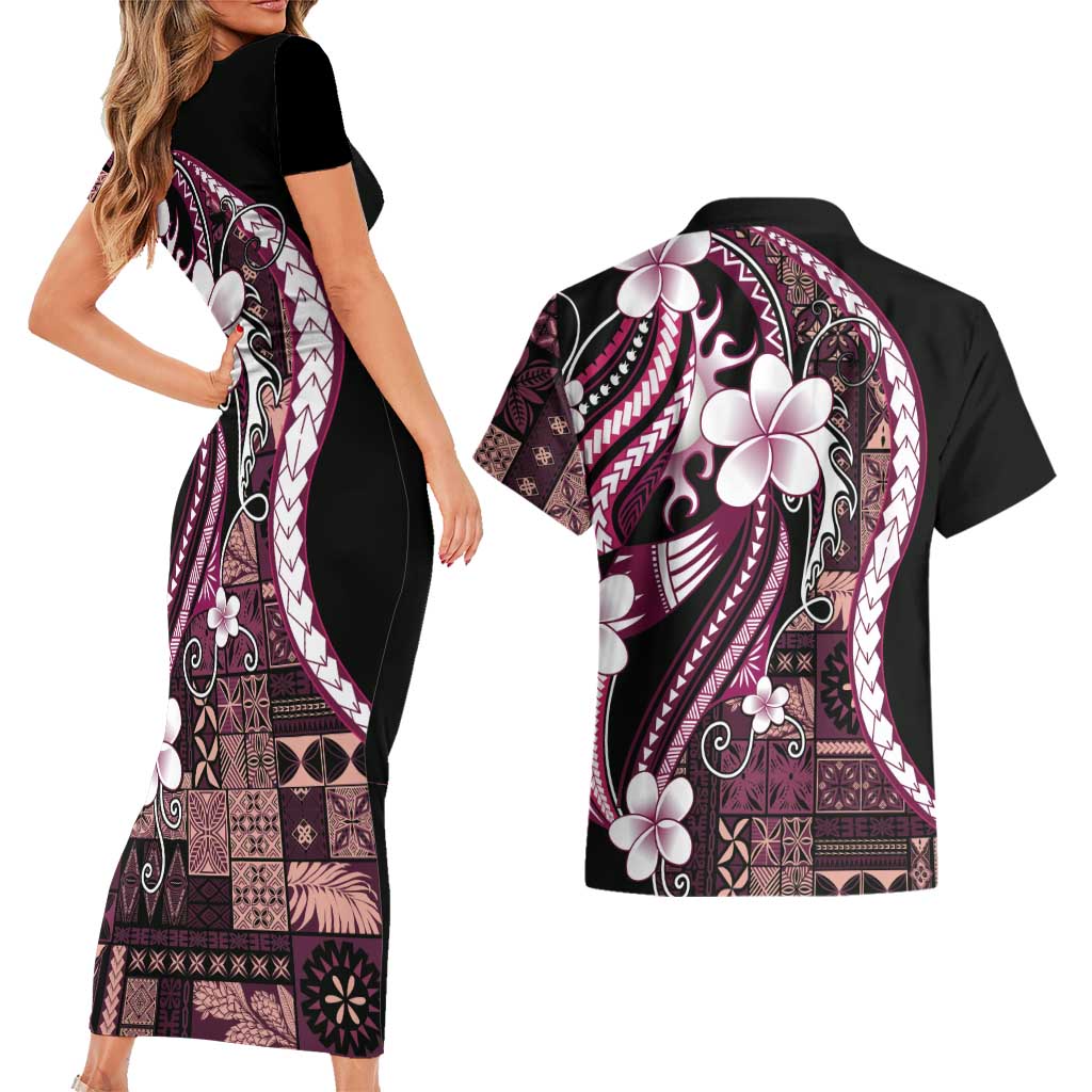 Samoa Siapo Tribal Pattern Couples Matching Short Sleeve Bodycon Dress and Hawaiian Shirt Violet Polynesian Plumeria Tapa Motif LT9 - Polynesian Pride