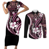 Samoa Siapo Tribal Pattern Couples Matching Short Sleeve Bodycon Dress and Long Sleeve Button Shirt Violet Polynesian Plumeria Tapa Motif LT9 Violet - Polynesian Pride