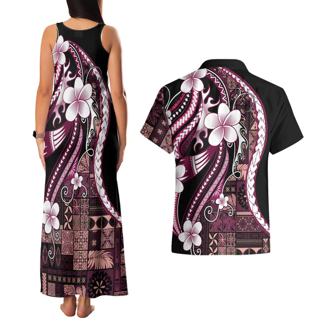 Samoa Siapo Tribal Pattern Couples Matching Tank Maxi Dress and Hawaiian Shirt Violet Polynesian Plumeria Tapa Motif LT9 - Polynesian Pride