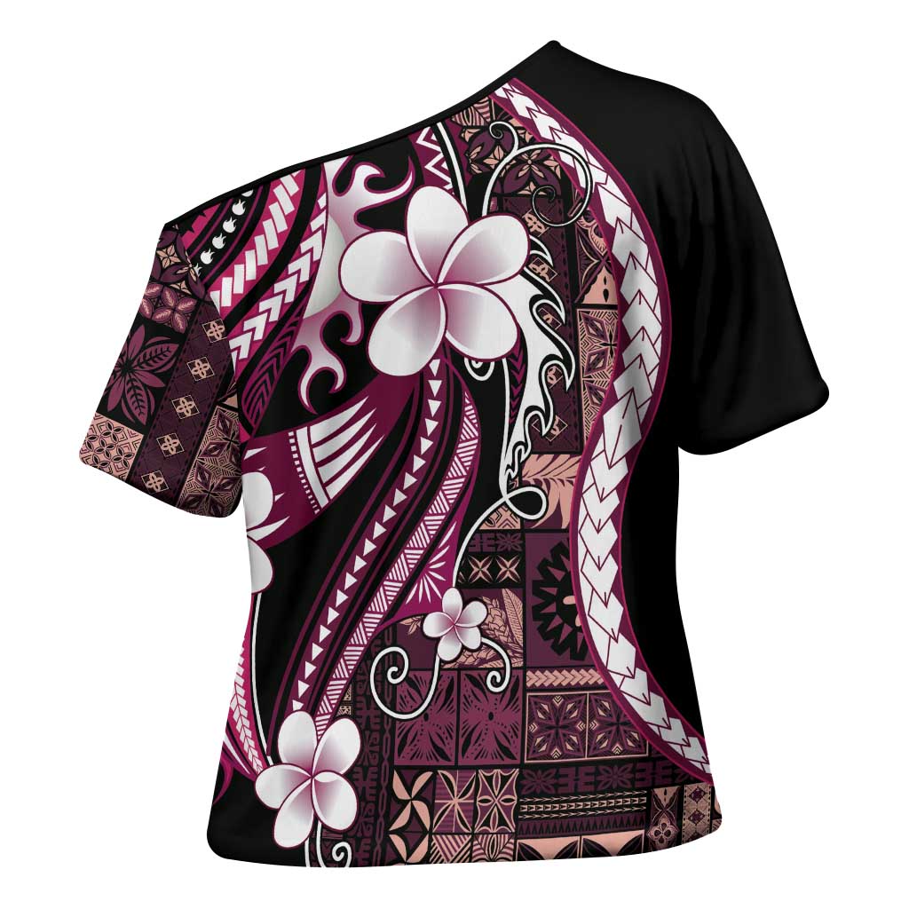 Samoa Siapo Tribal Pattern Cross Shoulder Shirt Violet Polynesian Plumeria Tapa Motif