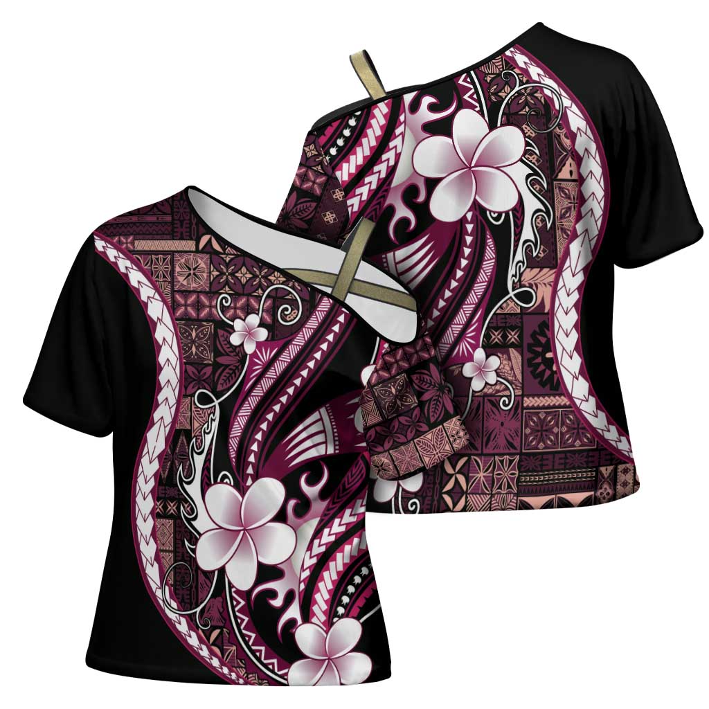 Samoa Siapo Tribal Pattern Cross Shoulder Shirt Violet Polynesian Plumeria Tapa Motif