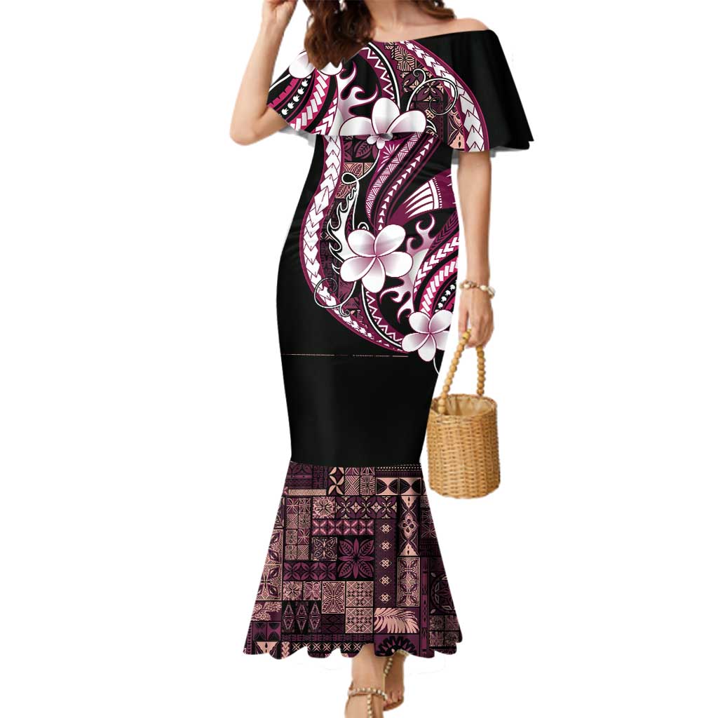 Samoa Siapo Tribal Pattern Family Matching Mermaid Dress and Hawaiian Shirt Violet Polynesian Plumeria Tapa Motif LT9 Mom's Dress Violet - Polynesian Pride