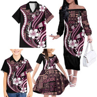 Samoa Siapo Tribal Pattern Family Matching Off The Shoulder Long Sleeve Dress and Hawaiian Shirt Violet Polynesian Plumeria Tapa Motif LT9 - Polynesian Pride