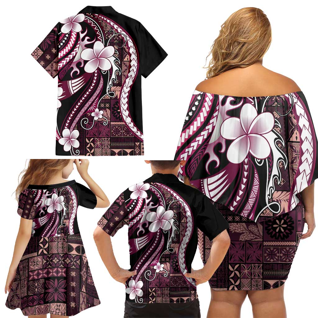 Samoa Siapo Tribal Pattern Family Matching Off Shoulder Short Dress and Hawaiian Shirt Violet Polynesian Plumeria Tapa Motif LT9 - Polynesian Pride