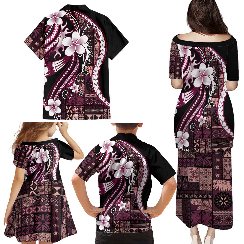 Samoa Siapo Tribal Pattern Family Matching Puletasi and Hawaiian Shirt Violet Polynesian Plumeria Tapa Motif LT9 - Polynesian Pride