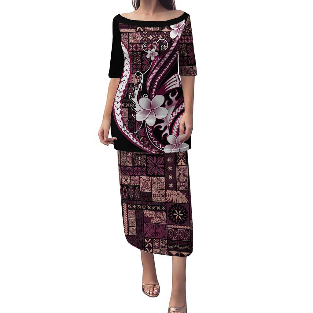 Samoa Siapo Tribal Pattern Family Matching Puletasi and Hawaiian Shirt Violet Polynesian Plumeria Tapa Motif LT9 Mom's Dress Violet - Polynesian Pride