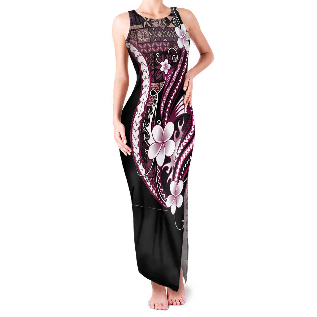 Samoa Siapo Tribal Pattern Family Matching Tank Maxi Dress and Hawaiian Shirt Violet Polynesian Plumeria Tapa Motif LT9 Mom's Dress Violet - Polynesian Pride