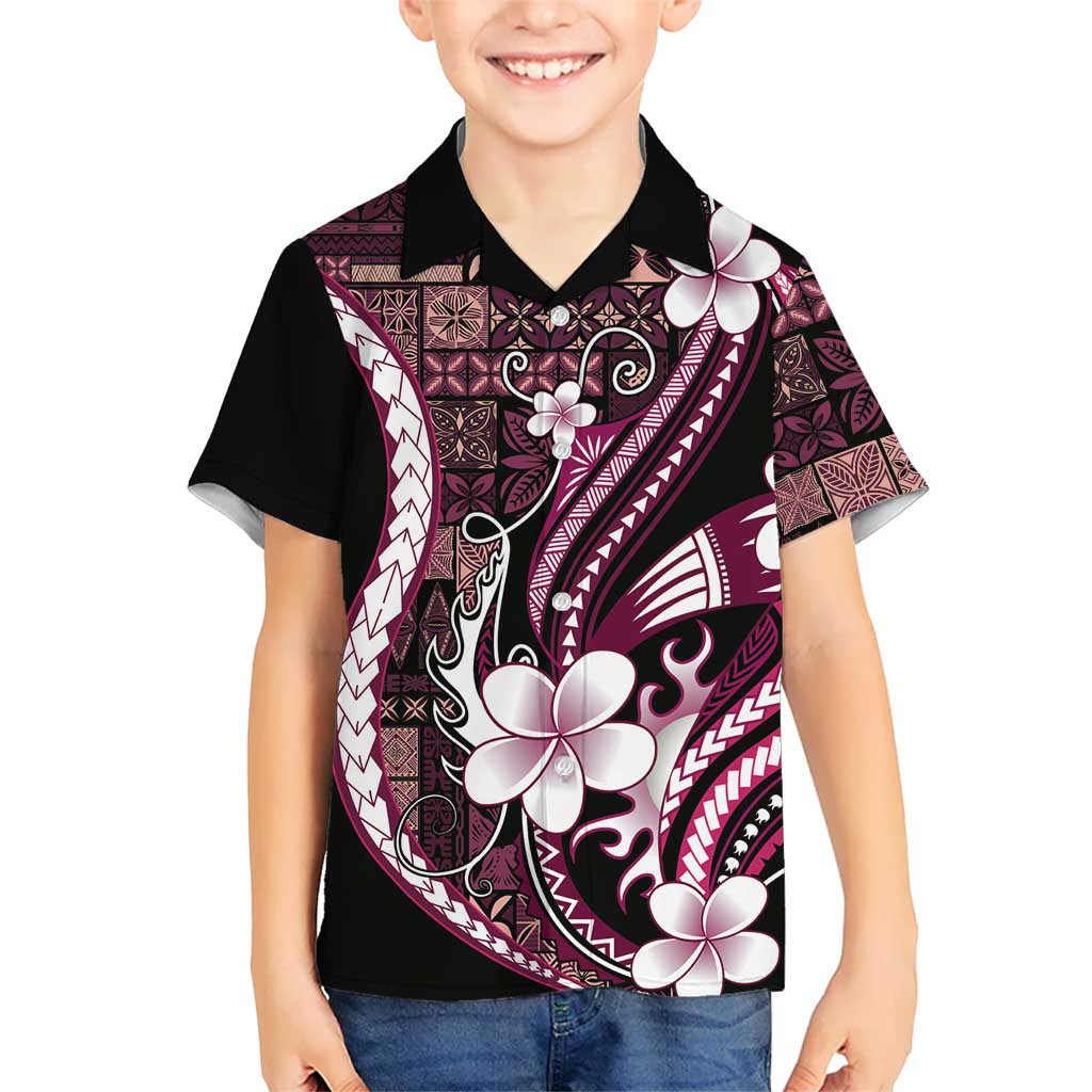 Samoa Siapo Tribal Pattern Kid Hawaiian Shirt Violet Polynesian Plumeria Tapa Motif LT9 Kid Violet - Polynesian Pride