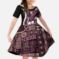 Samoa Siapo Tribal Pattern Kid Short Sleeve Dress Violet Polynesian Plumeria Tapa Motif