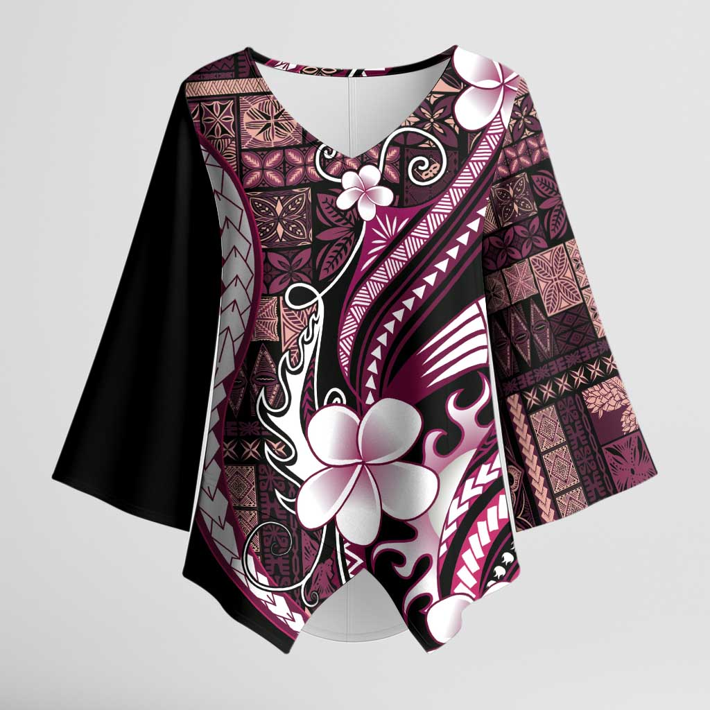 Samoa Siapo Tribal Pattern Kimono Sleeve Blouse Violet Polynesian Plumeria Tapa Motif