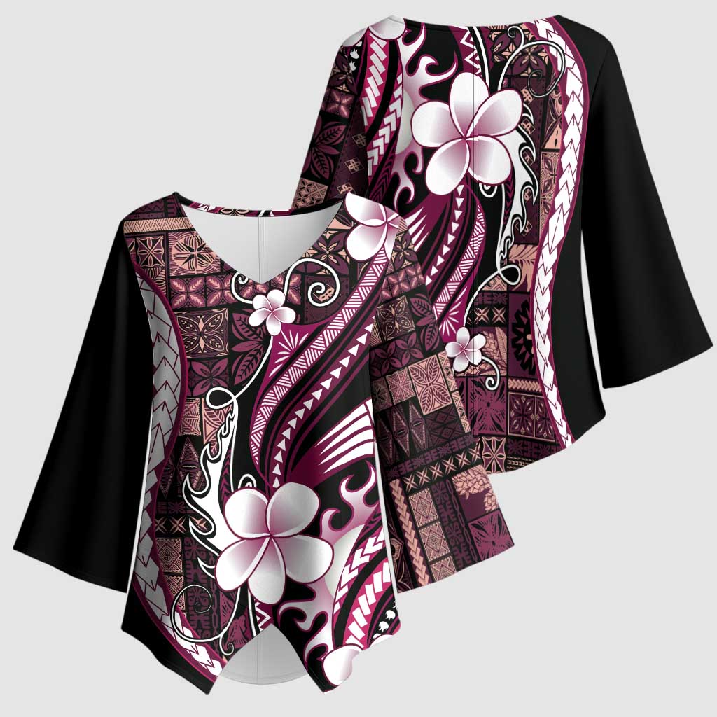 Samoa Siapo Tribal Pattern Kimono Sleeve Blouse Violet Polynesian Plumeria Tapa Motif