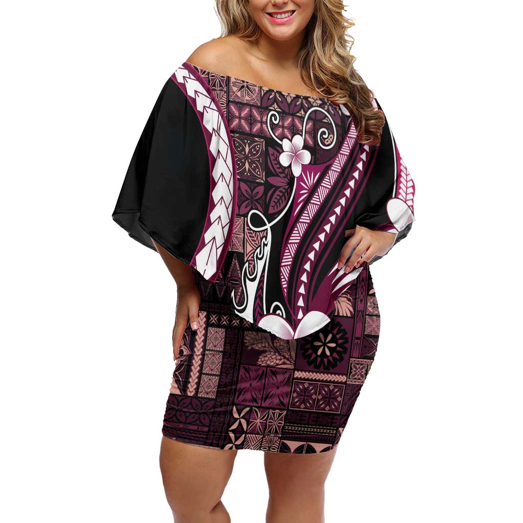 Samoa Siapo Tribal Pattern Off Shoulder Short Dress Violet Polynesian Plumeria Tapa Motif