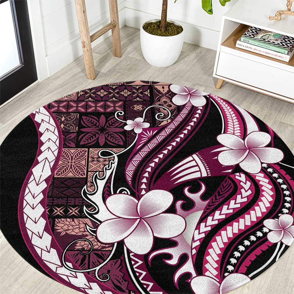 Samoa Siapo Tribal Pattern Round Carpet Violet Polynesian Plumeria Tapa Motif