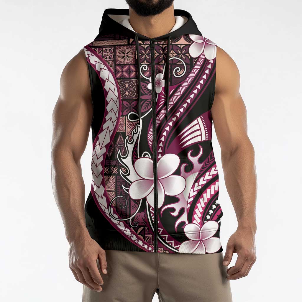 Samoa Siapo Tribal Pattern Sleeveless Zip Hoodie Violet Polynesian Plumeria Tapa Motif