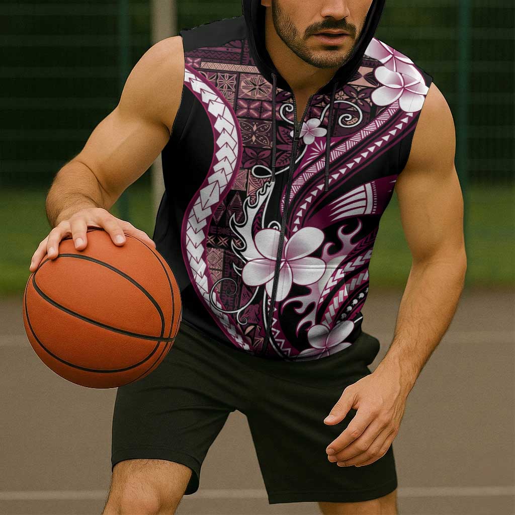 Samoa Siapo Tribal Pattern Sleeveless Zip Hoodie Violet Polynesian Plumeria Tapa Motif
