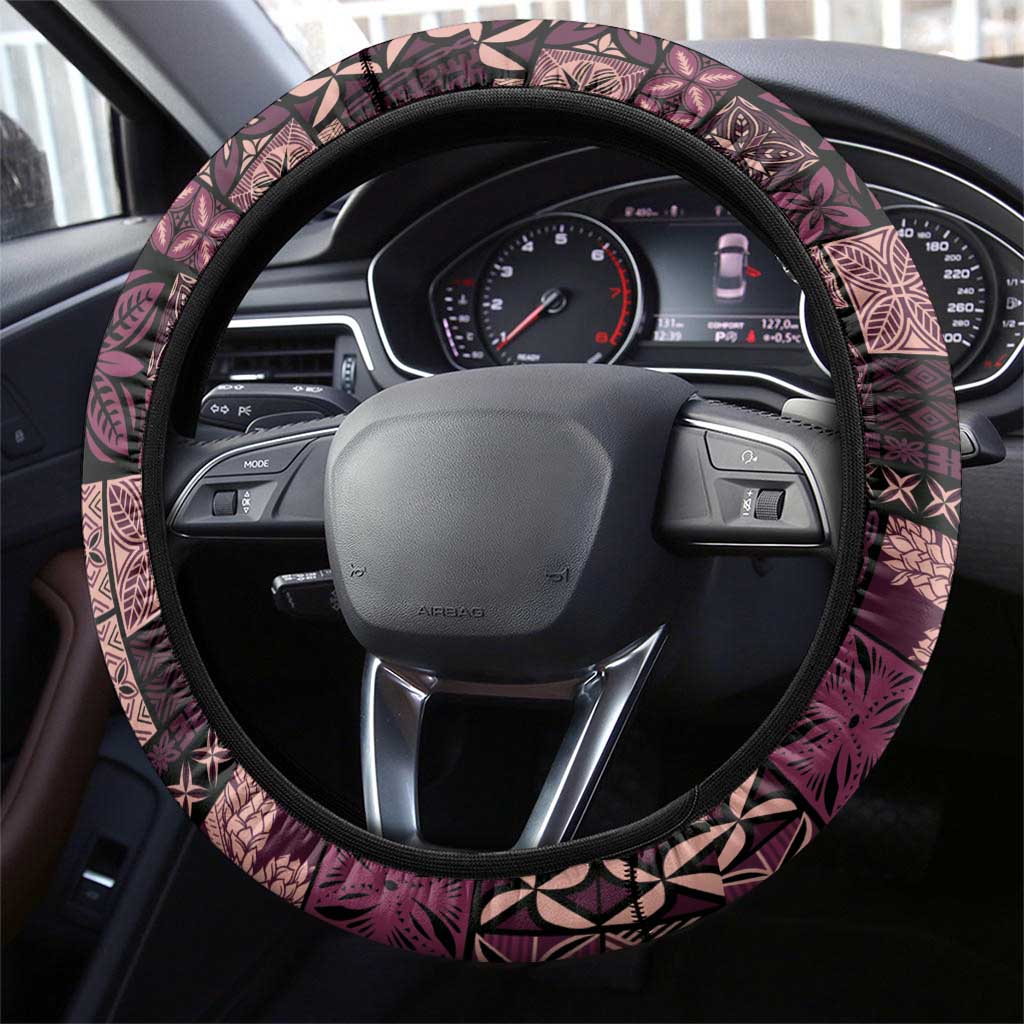 Samoa Siapo Tribal Pattern Steering Wheel Cover Violet Polynesian Plumeria Tapa Motif