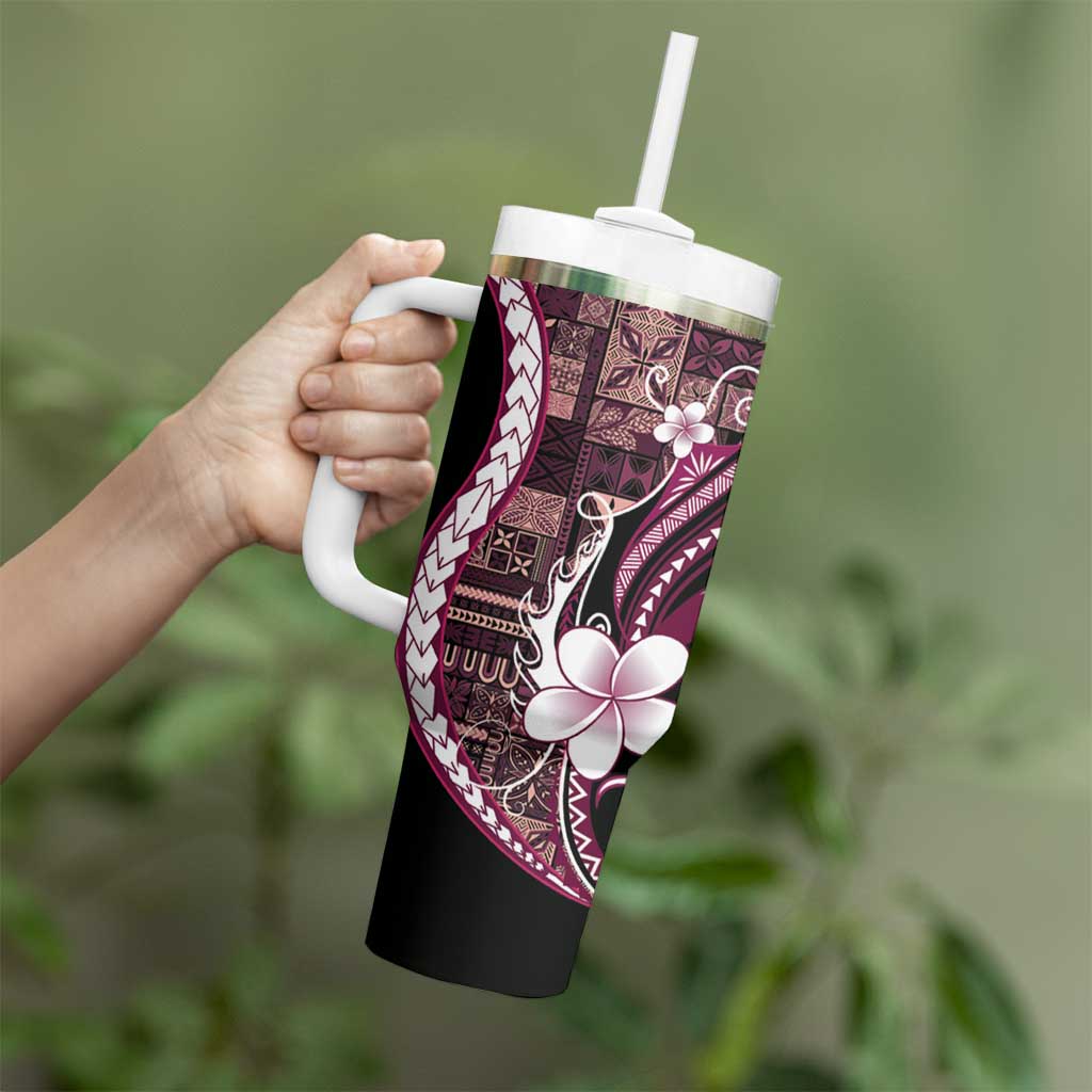 Samoa Siapo Tribal Pattern Tumbler With Handle Violet Polynesian Plumeria Tapa Motif