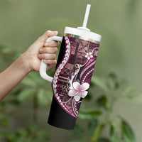 Samoa Siapo Tribal Pattern Tumbler With Handle Violet Polynesian Plumeria Tapa Motif