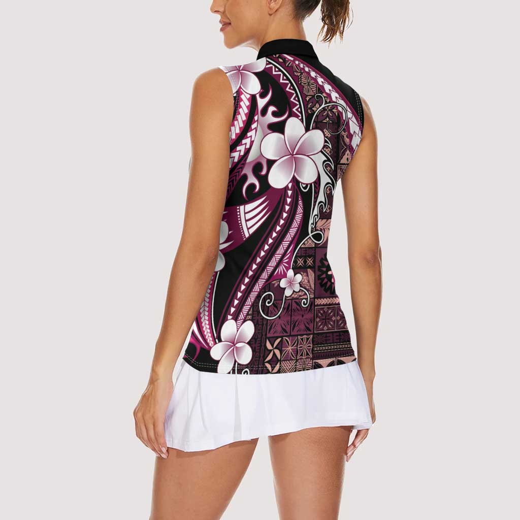 Samoa Siapo Tribal Pattern Women Sleeveless Polo Shirt Violet Polynesian Plumeria Tapa Motif LT9 - Polynesian Pride