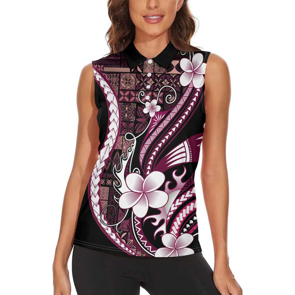 Samoa Siapo Tribal Pattern Women Sleeveless Polo Shirt Violet Polynesian Plumeria Tapa Motif LT9 - Polynesian Pride