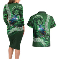 Tui Bird Koru Silver Fern Aotearoa Couples Matching Long Sleeve Bodycon Dress and Hawaiian Shirt LT9 - Polynesian Pride