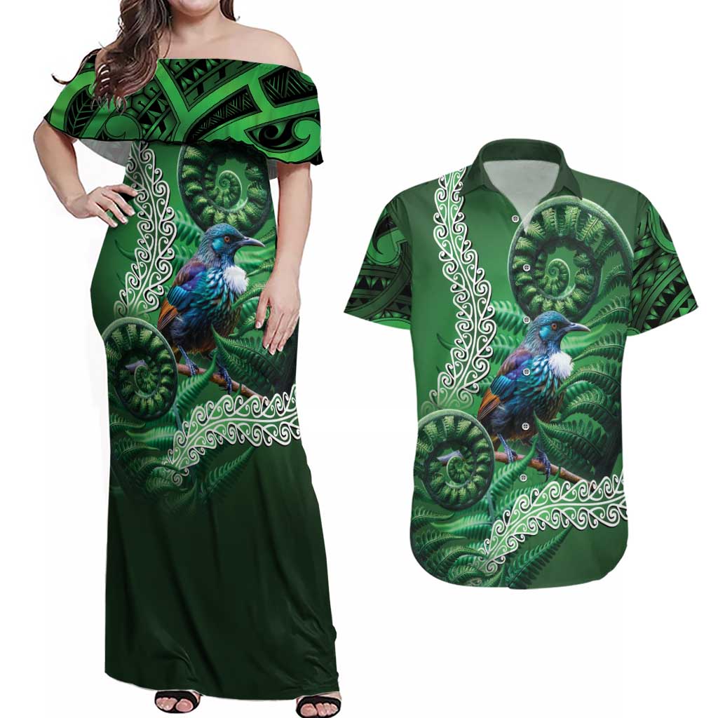 Tui Bird Koru Silver Fern Aotearoa Couples Matching Off Shoulder Maxi Dress and Hawaiian Shirt LT9 Green - Polynesian Pride